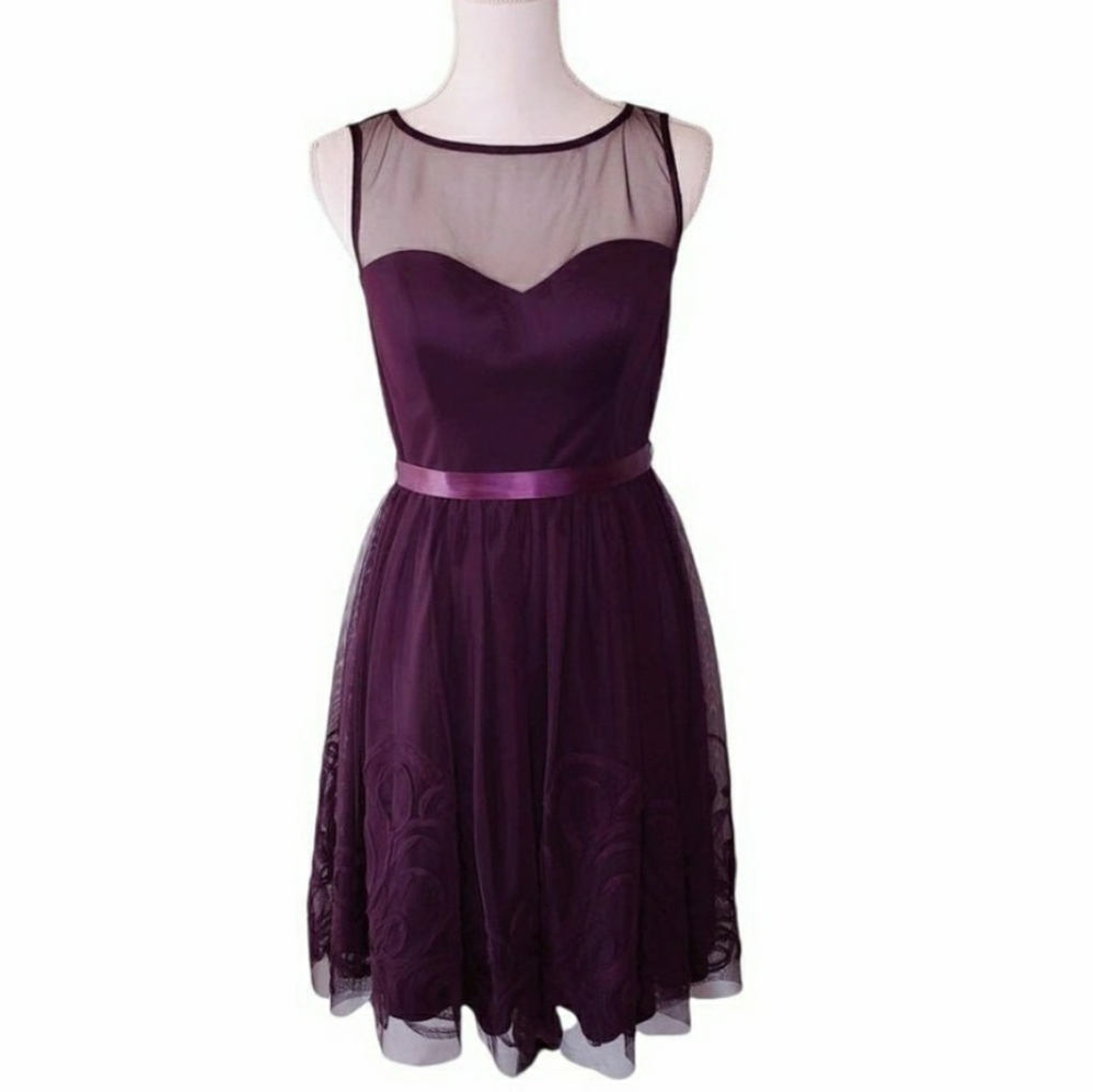 Eliza J fit and flare formal dress sz 1X eggplant purple mesh Bridesmaid evening